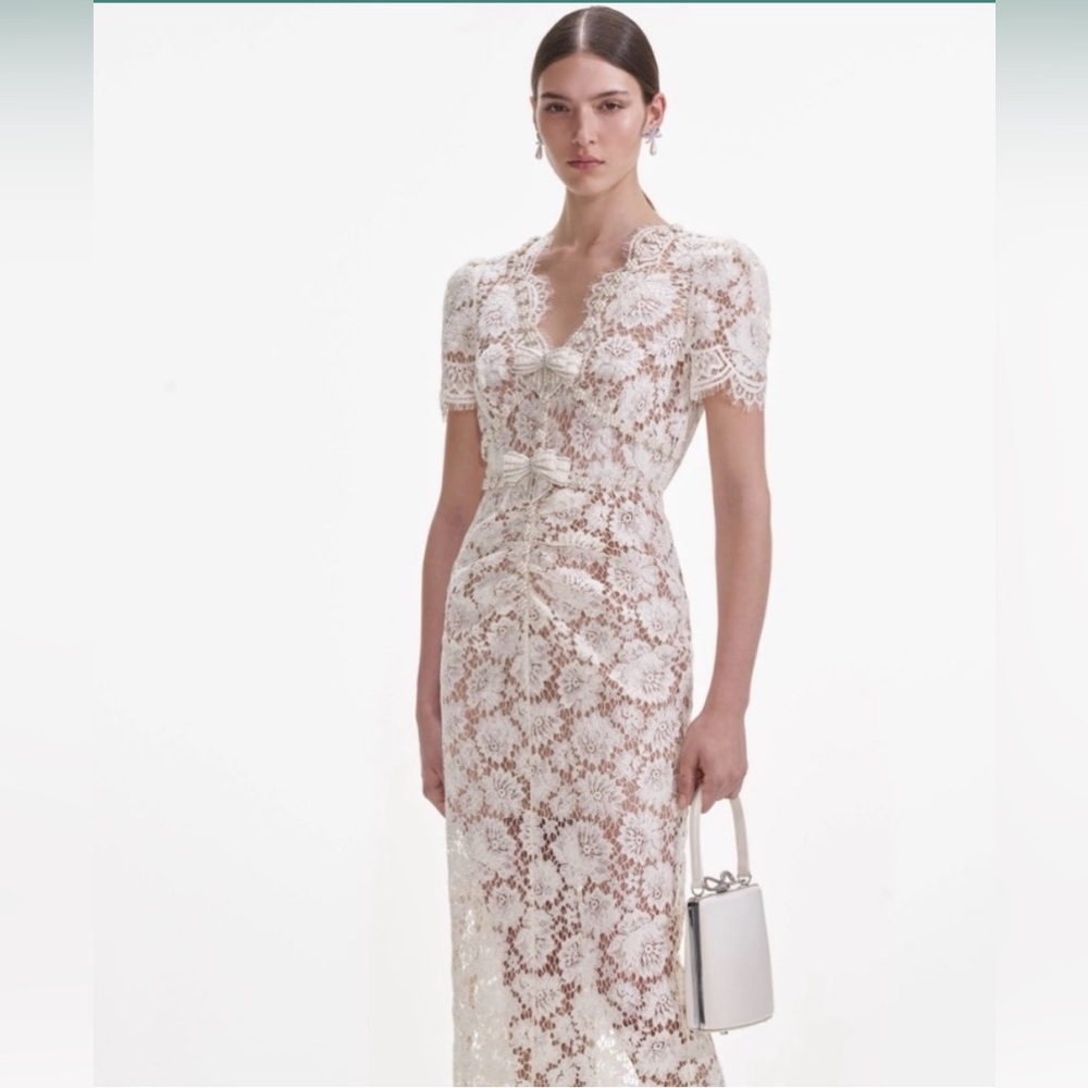 self-portrait Cream Fine Lace Pearl Midi Dress - Size US10 - MSRP $615 - NWT